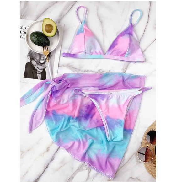 3 Piece Swimwear Set: Tie Dye Blue Pink - Picture 3 of 7
